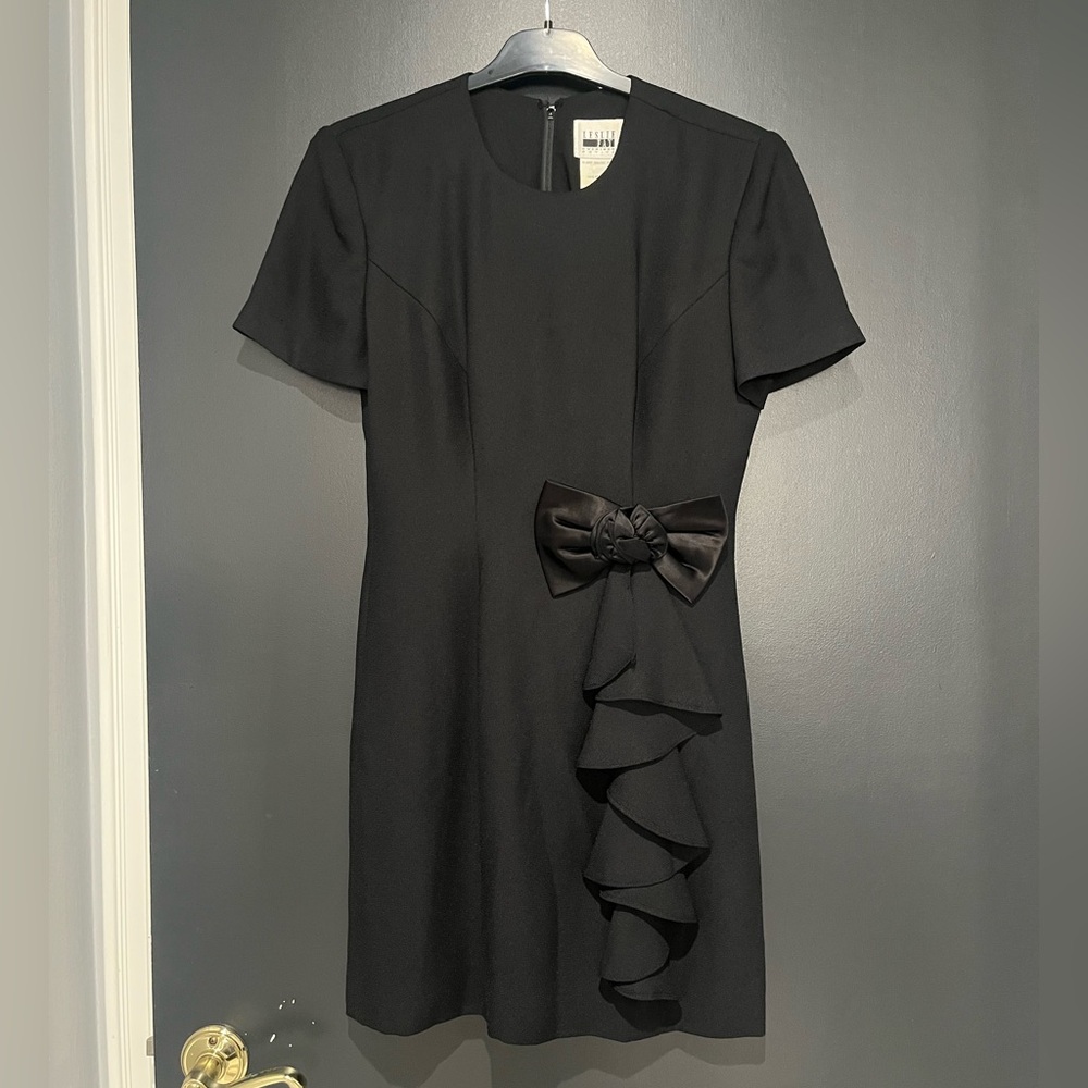 Leslie Fay Black Mini Dress with Bow and Ruffle size small